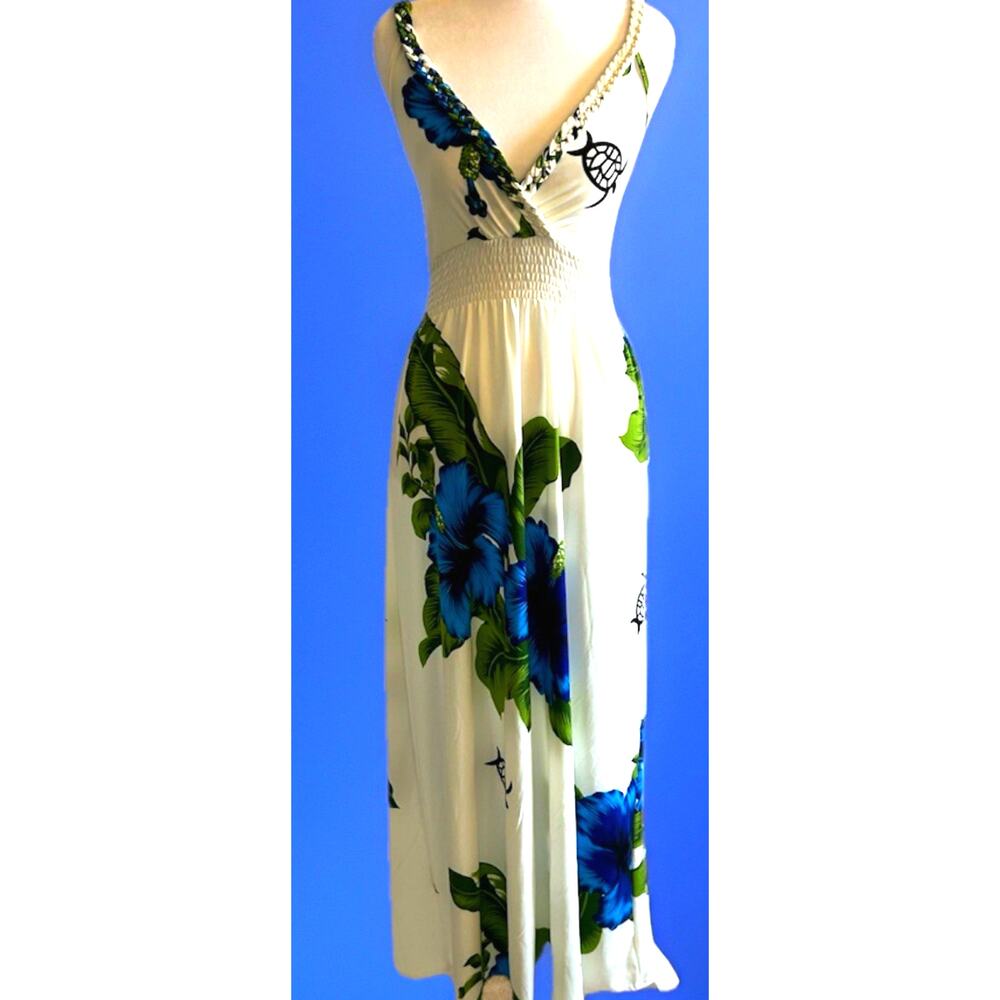 Hawaiian Maxi Dress Blue Hibiscus Floral Greek Goddess Smocked Coastal Beach M
